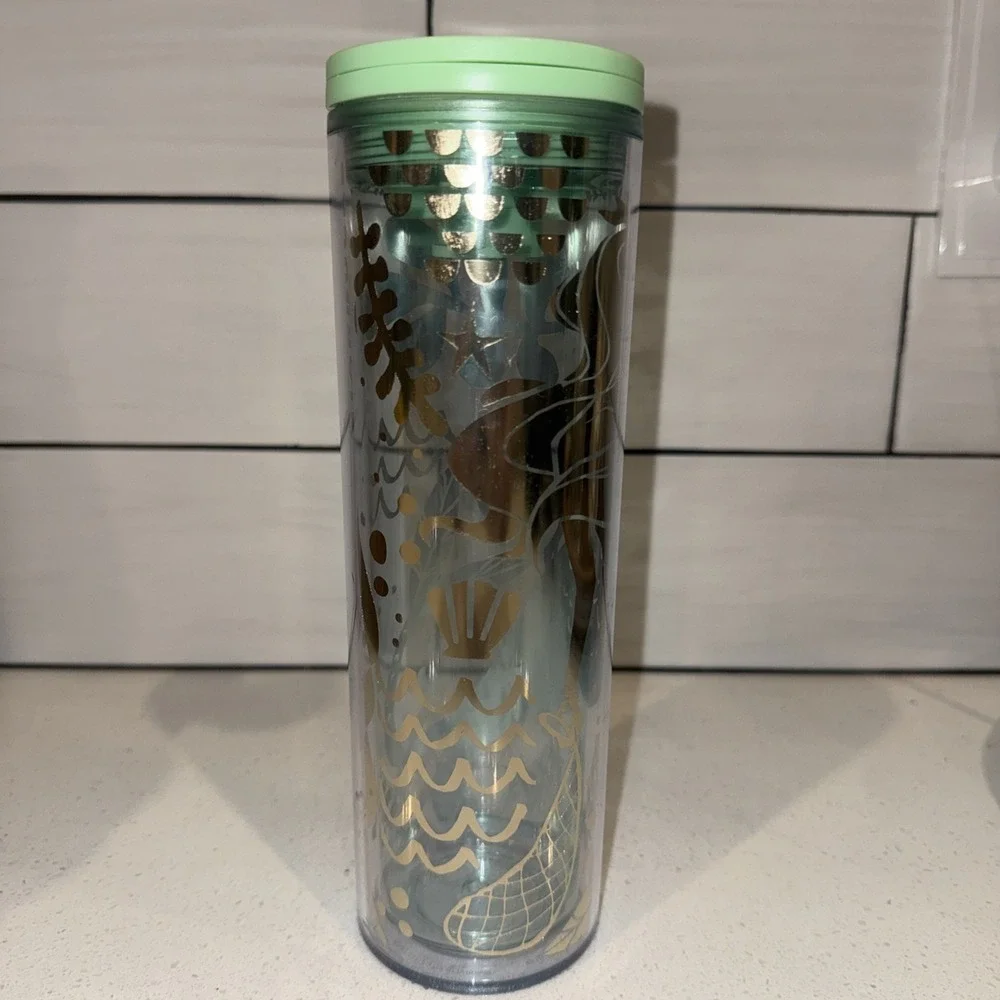 Starbucks Mermaid Siren Green Gold Clear 2020 Cold Cup 16 oz Insulated EUC